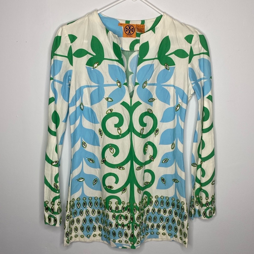 TORY BURCH beaded mirror sequin tunic top blouse shirt cotton long sleeve size 2